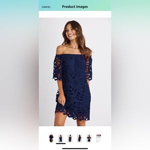 Navy off the shoulder eyelet dress